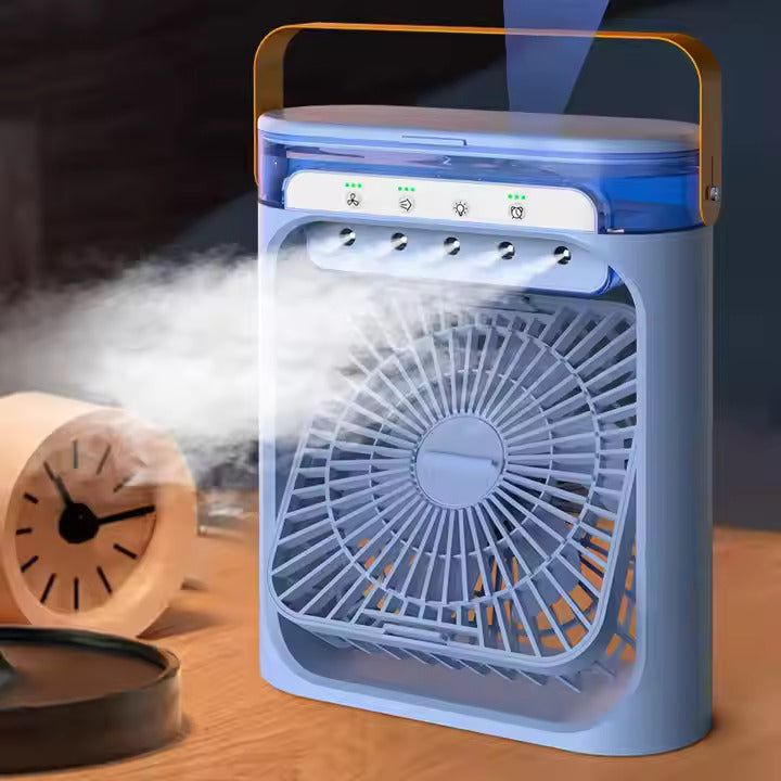 Portable Air Conditioner 5 spray Fan – 3-in-1 Mini Air Cooler, Humidifier & USB Fan with 7 LED Lights and Adjustable Wind Speed