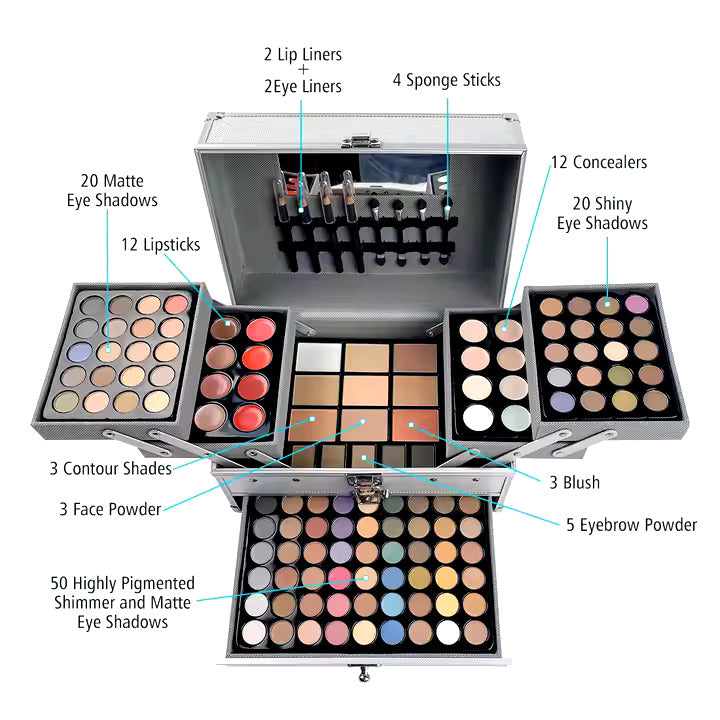 "Professional 132 Colors Makeup Palette - Glitter & Matte Eyeshadow Set in Aluminum Box | All-in-One Cosmetic Kit by Qlick"