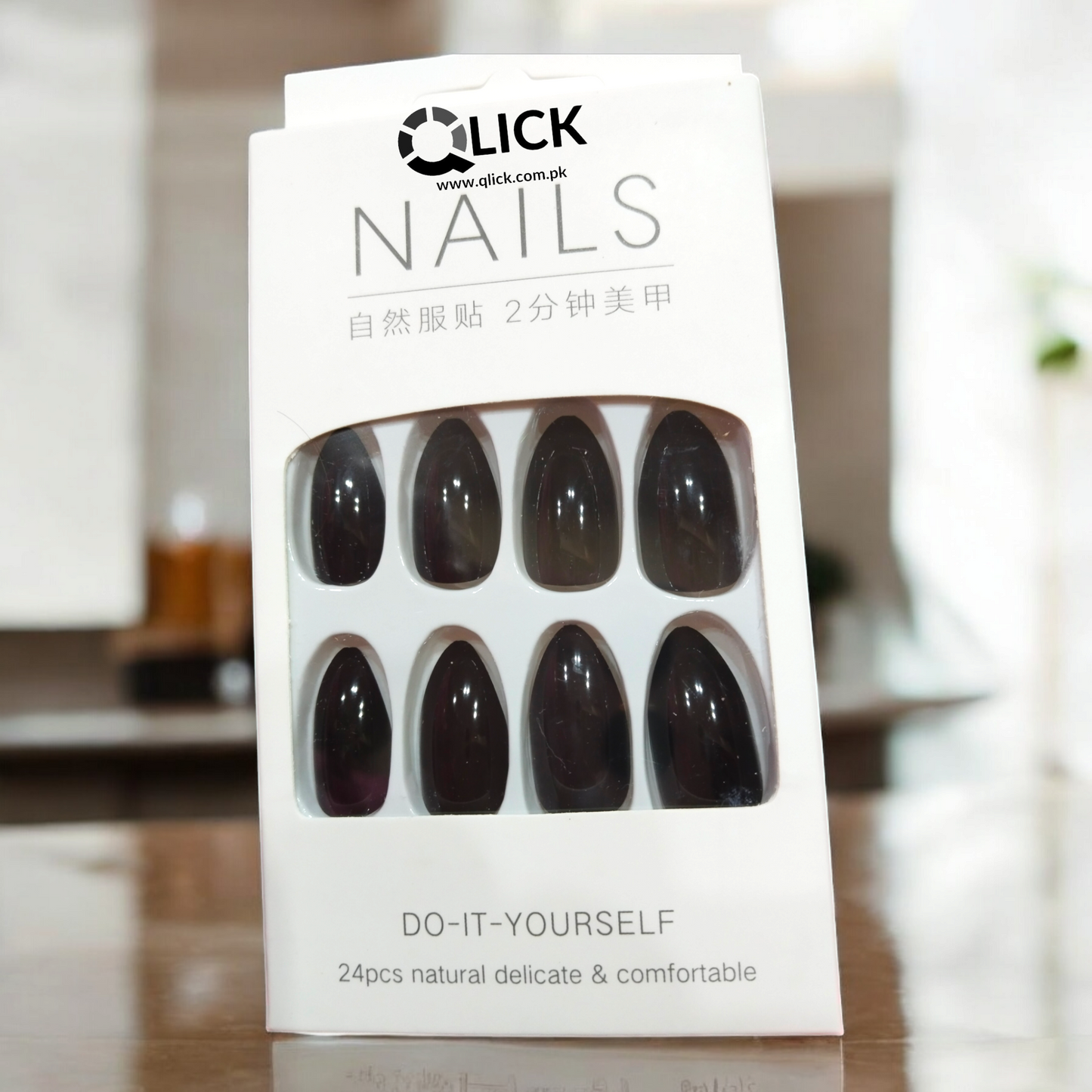 Black Almond shape False Nails/Press on Nails 24pcs+Nail Stickers