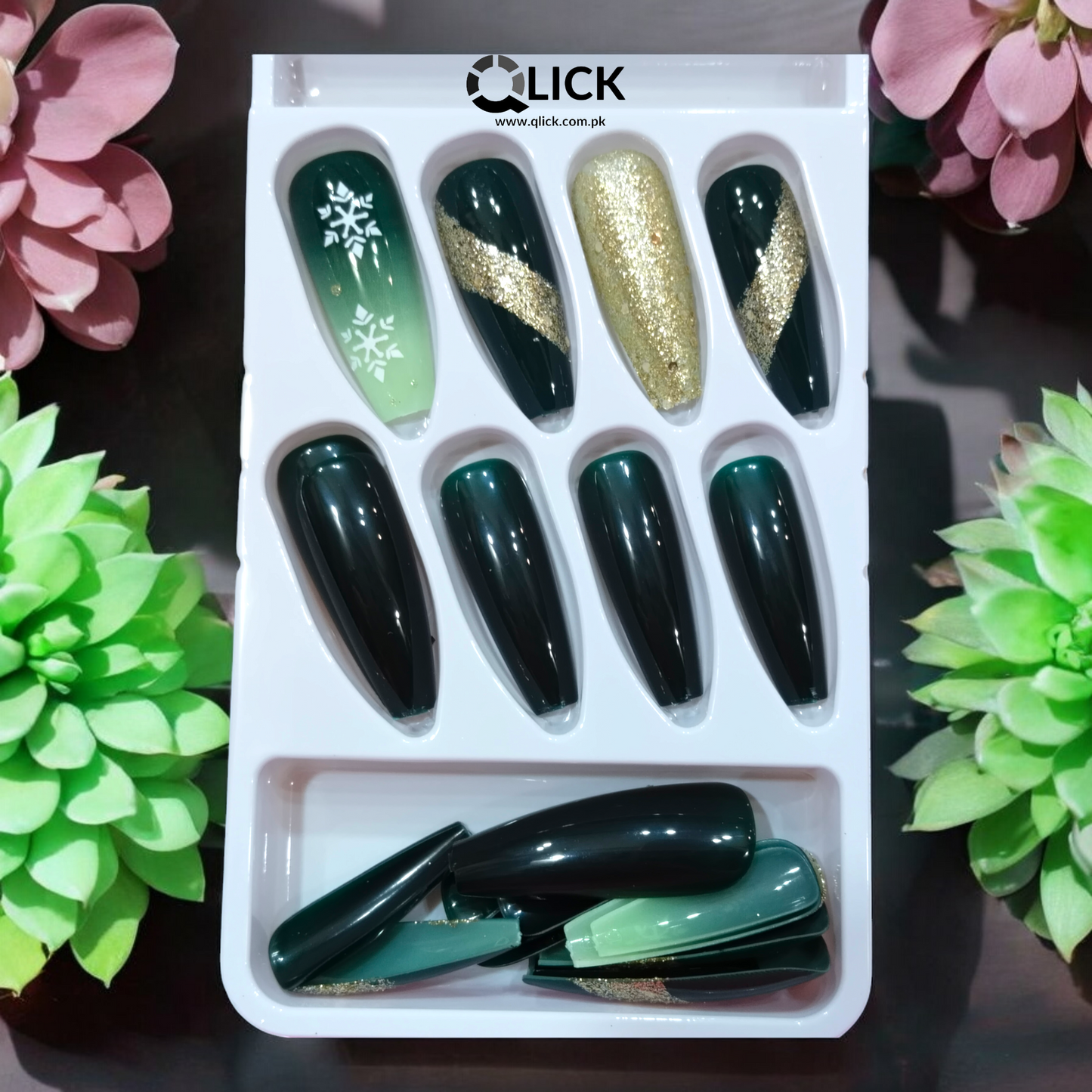 Gradient Snow flake Glitter Press on Nails 24pcs+Nail Stickers