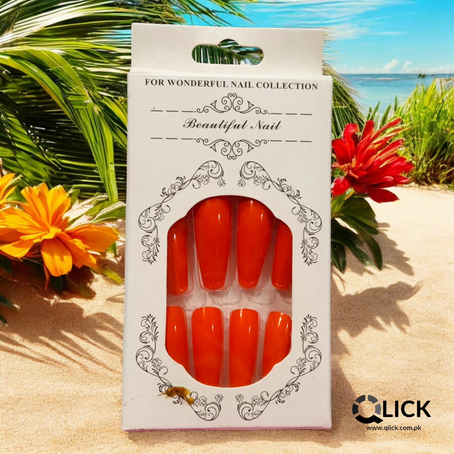 Orange Coffin large Press On Nails/Faux Nails 24Pcs+Nail glue stickers