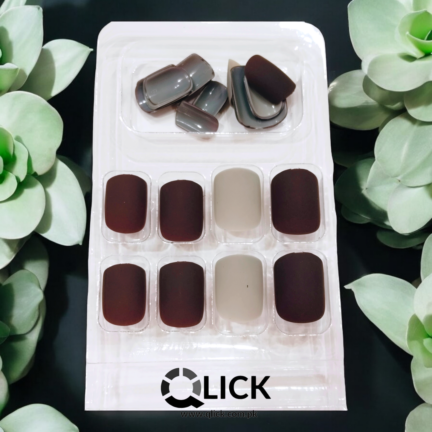 Deep Maroon & Gray Small Square Matte False Nails/Press on Nails 24pcs+Nail Stickers