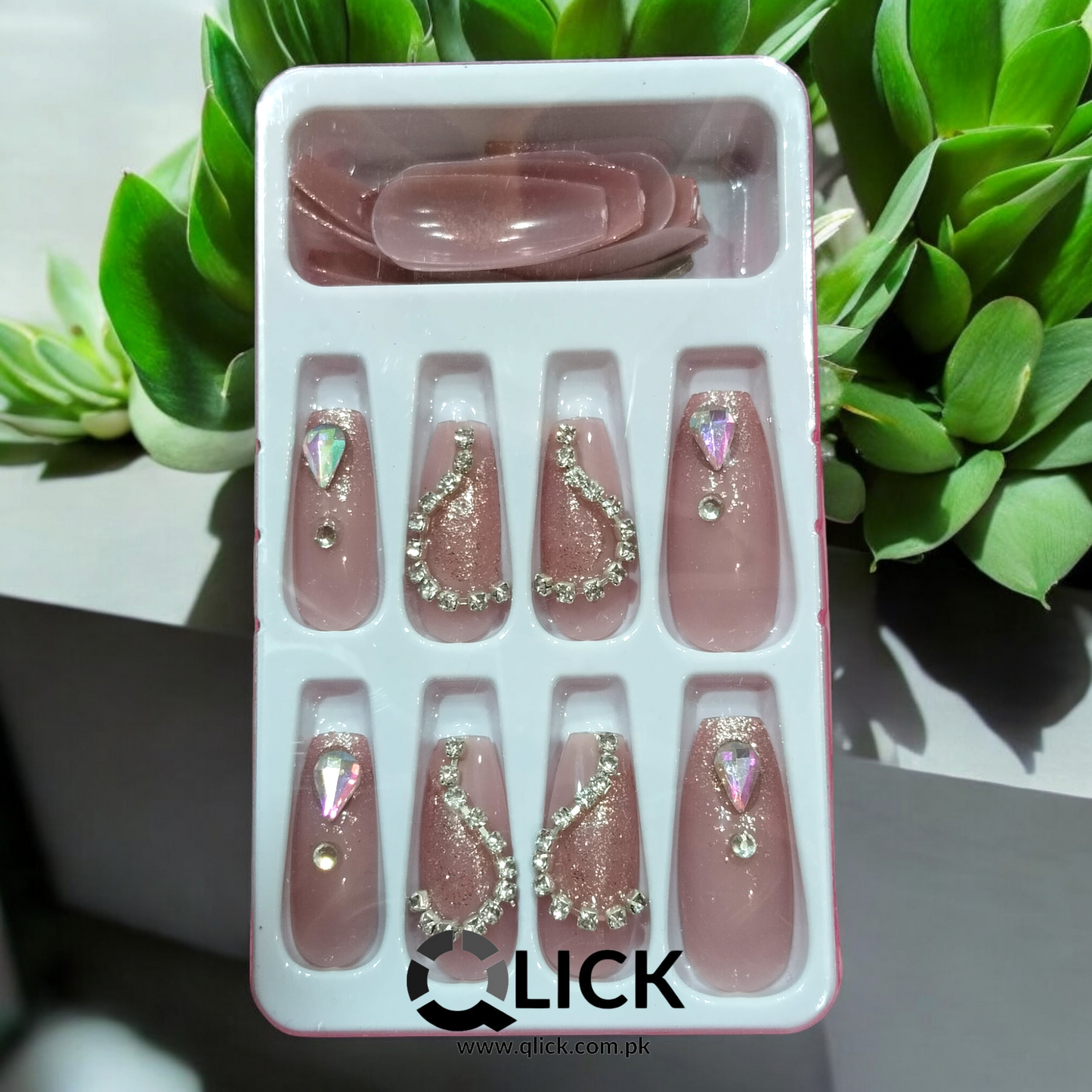 Elegant Bridal Press-On Nails with Stones (24 pcs) + Nail Glue Stickers