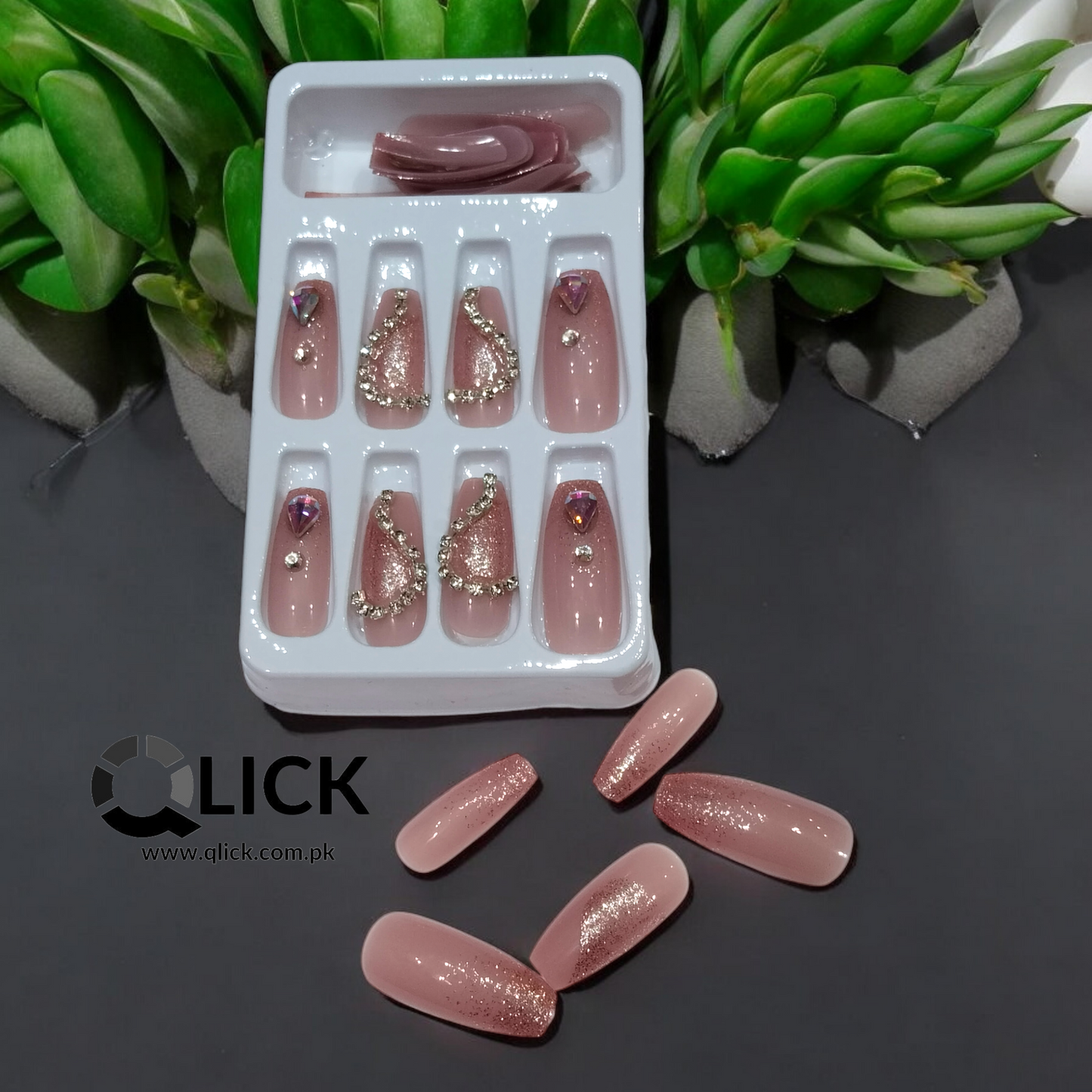 Elegant Bridal Press-On Nails with Stones (24 pcs) + Nail Glue Stickers