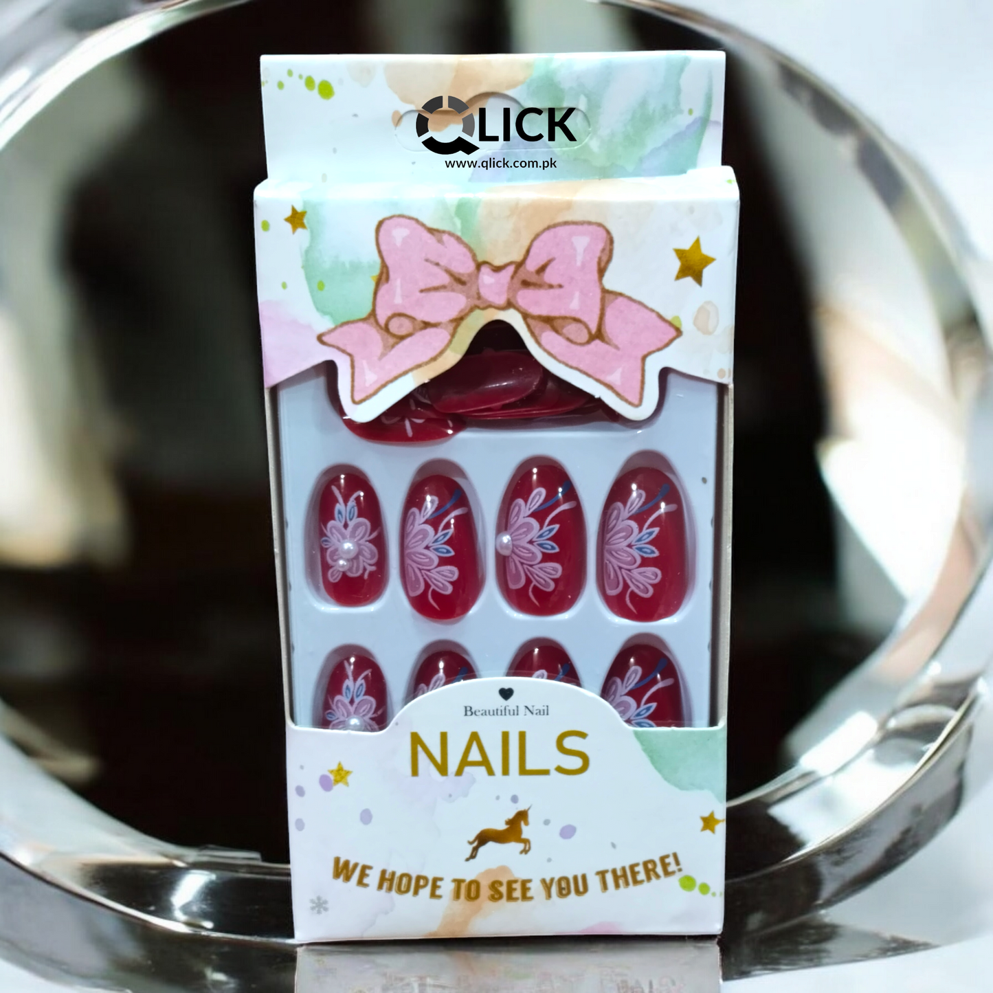 Oval Red Floral Press On Nails/Faux Nails 24pcs+Nail glue Stickers
