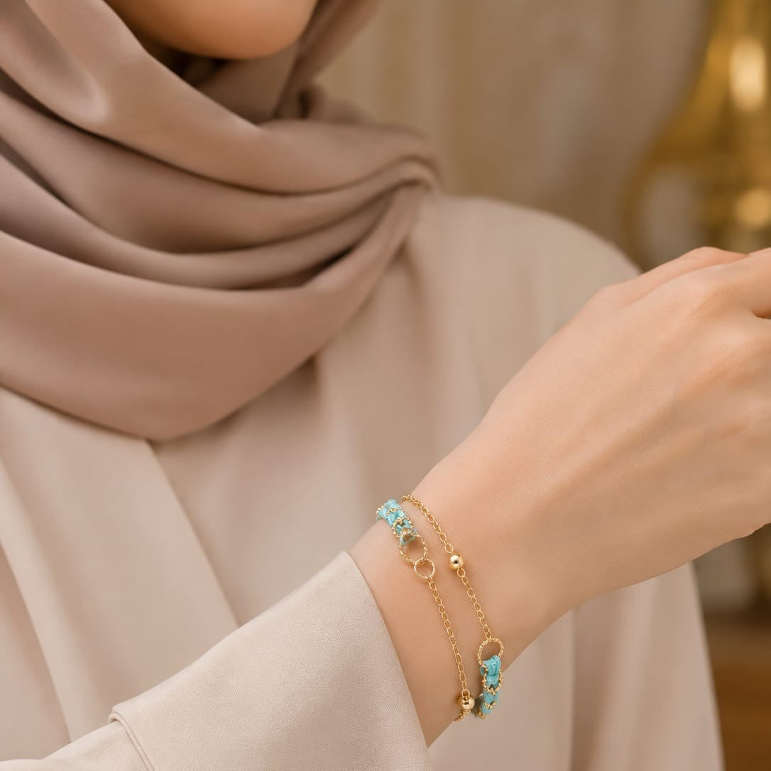Elegant Turquoise Blue & Gold Handmade Bracelet for Women