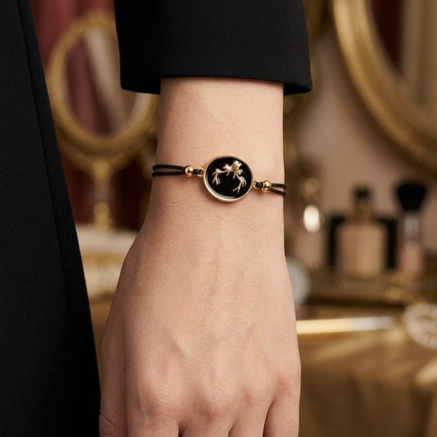 Elegant Black Thread Bracelet with Gold Deer Charm – Stylish Black & Gold Adjustable Wrist Jewelry