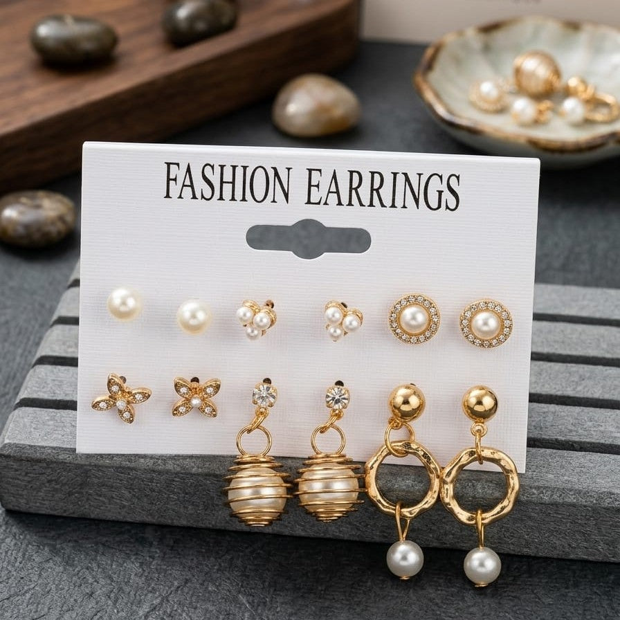 6-Pair Earrings Set (white & golden) for Women – Elegant Multi-Design Fashion Stud/Beaded & Hoop Earrings