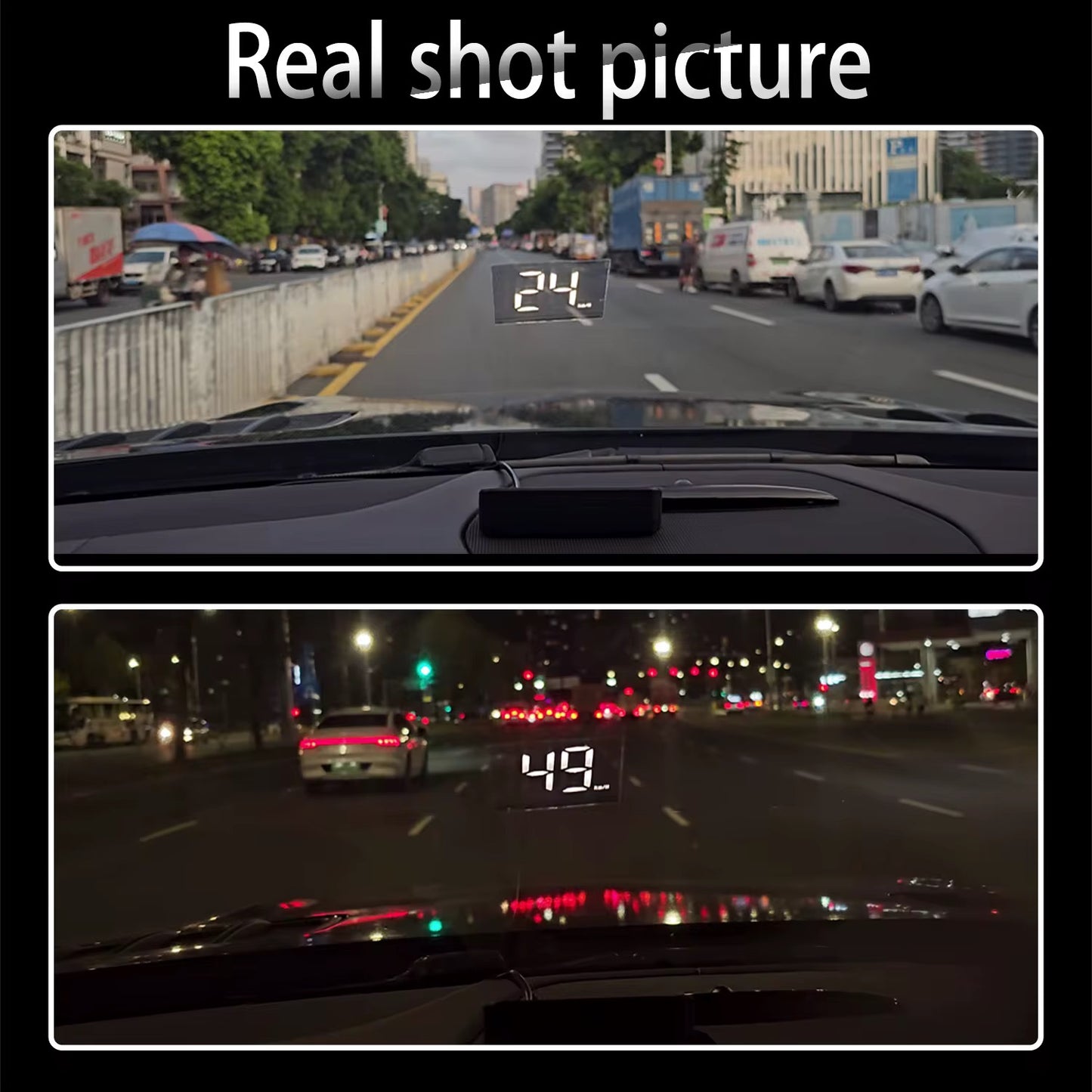 "Premium car gadget Qlick HUD β real-time speed and navigation display"