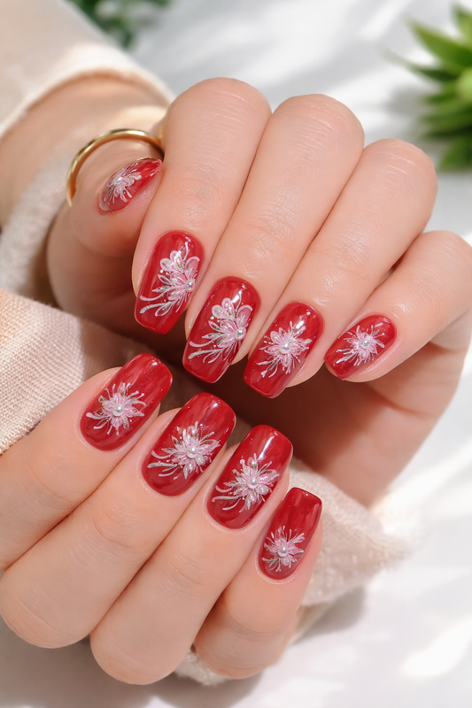 Oval Red Floral Press On Nails/Faux Nails 24pcs+Nail glue Stickers