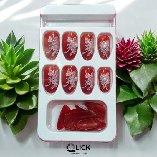 Oval Red Floral Press On Nails/Faux Nails 24pcs+Nail glue Stickers