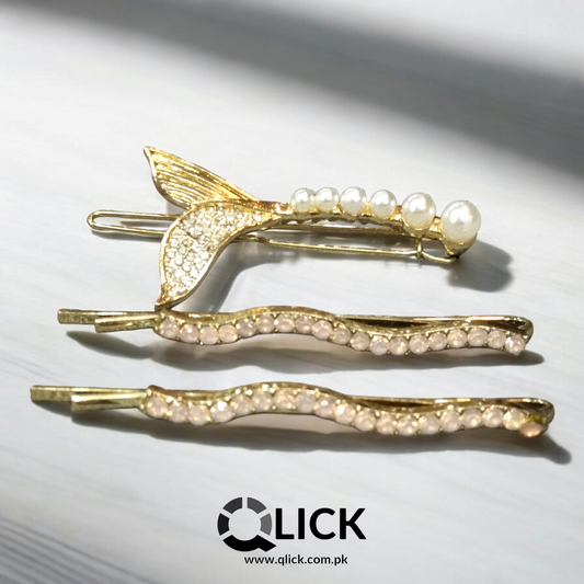 Fish Tail Pearls & Rhinestone Hair Pin set of 3