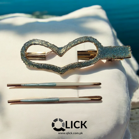 Heart Shape Glitter Hair Clip+Bobby Pins (3pcs)
