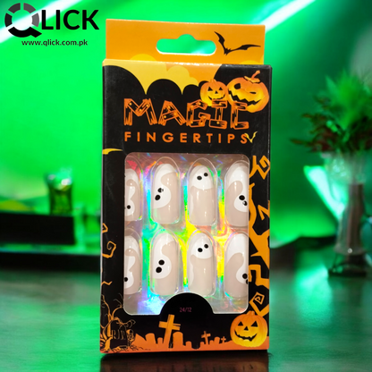 Oval Ghost Halloween Theme False Nails/Press on Nails 24pcs+Nail Stickers