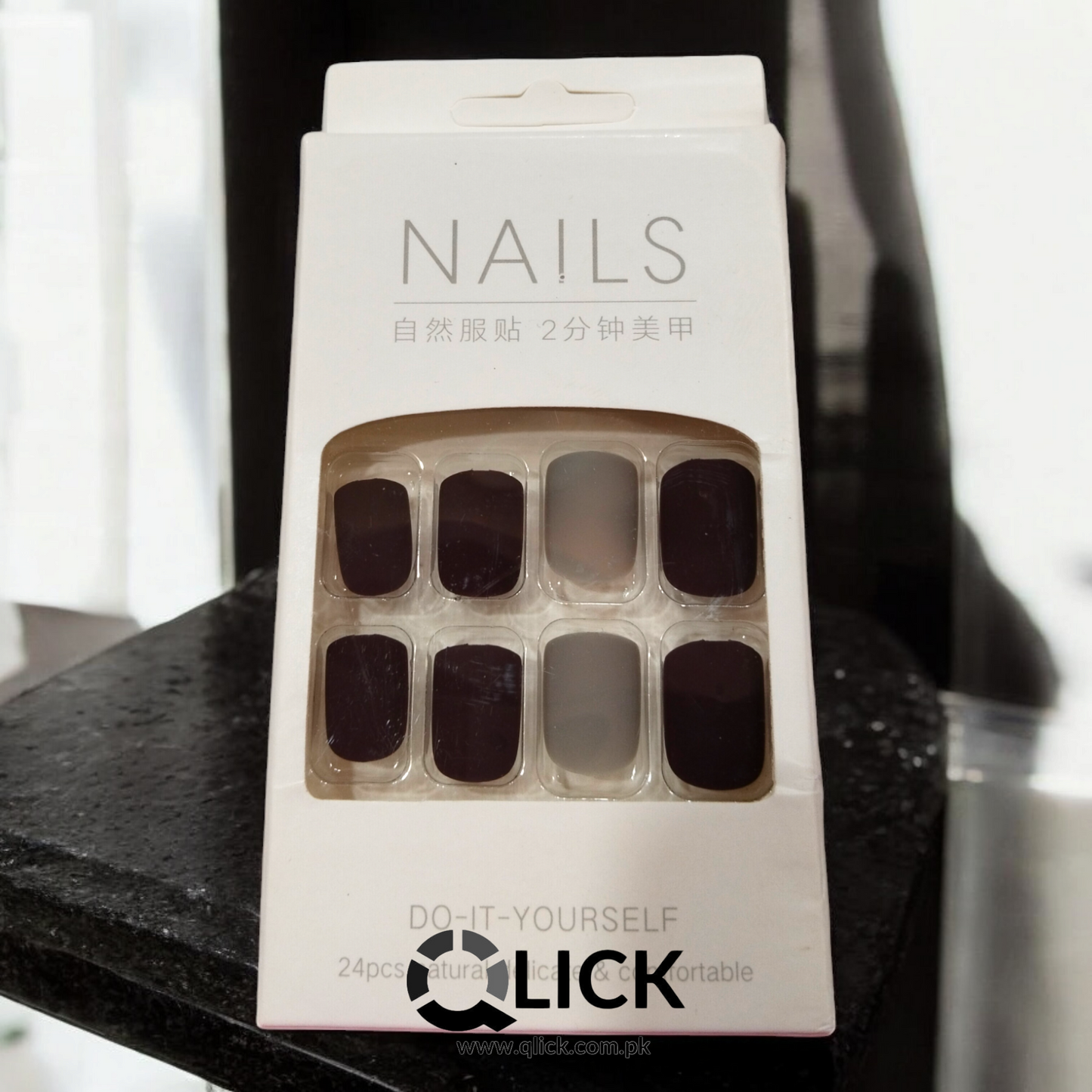 Deep Maroon & Gray Small Square Matte False Nails/Press on Nails 24pcs+Nail Stickers