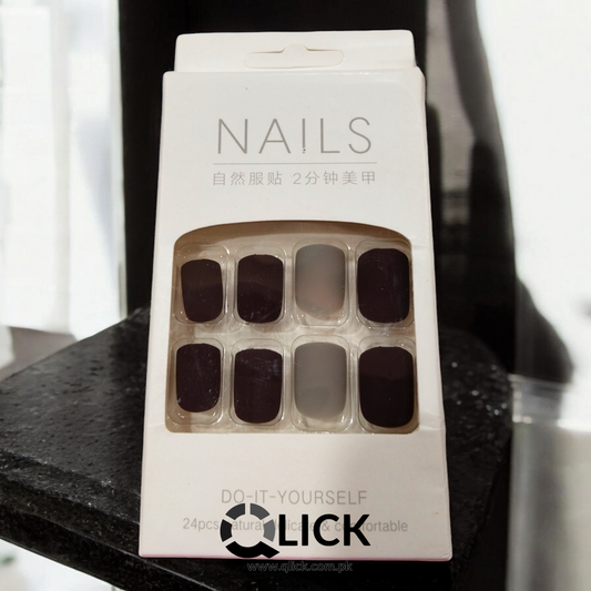 Deep Maroon & Gray Small Square Matte False Nails/Press on Nails 24pcs+Nail Stickers