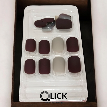 Deep Maroon & Gray Small Square Matte False Nails/Press on Nails 24pcs+Nail Stickers