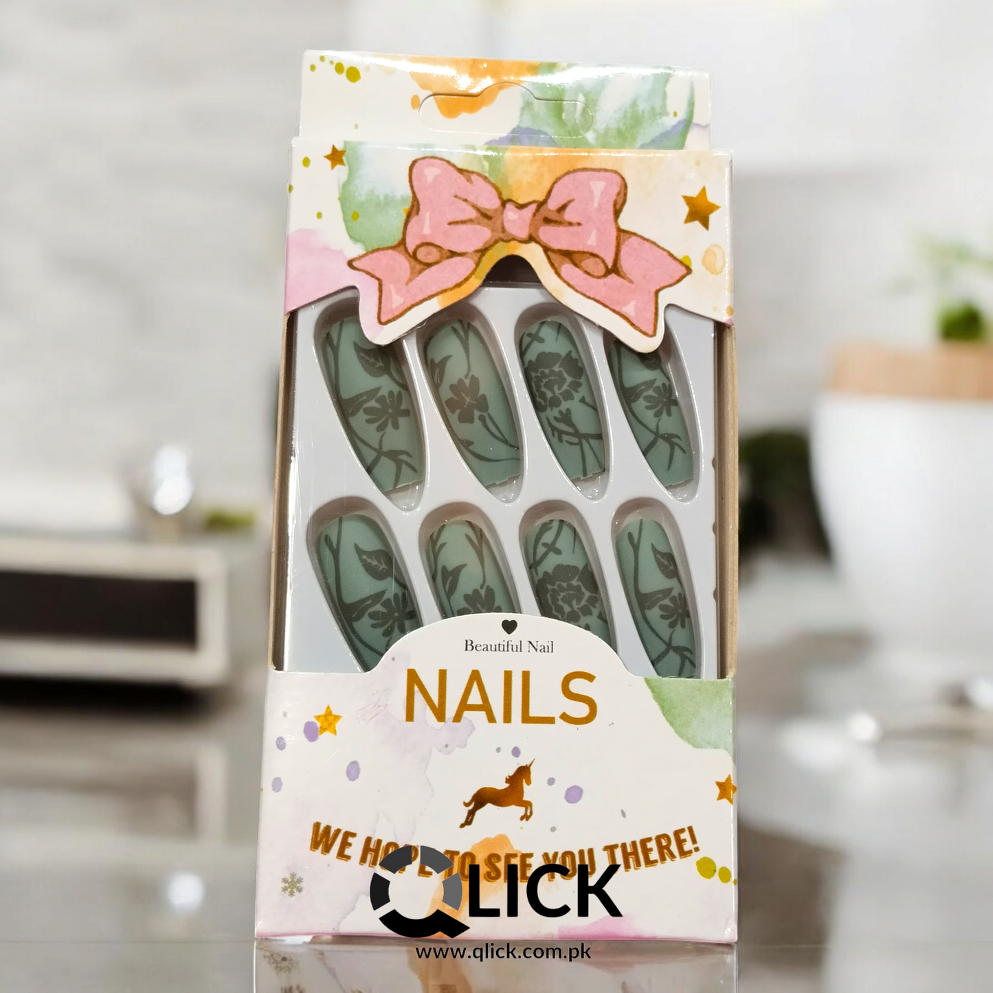 Long Ballerina Green Floral Press on Nails/Faux Nails 24Pcs+nail stickers