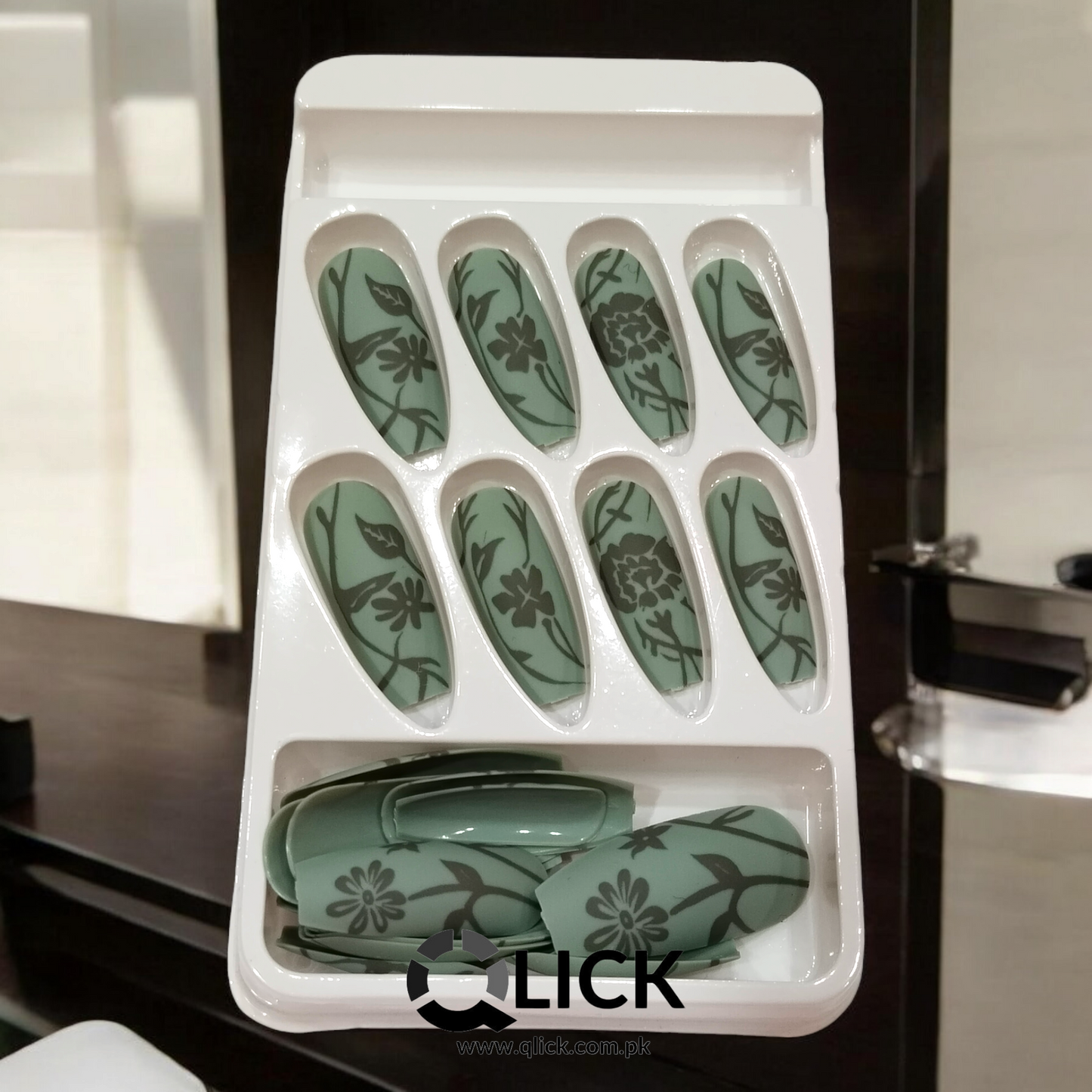 Long Ballerina Green Floral Press on Nails/Faux Nails 24Pcs+nail stickers