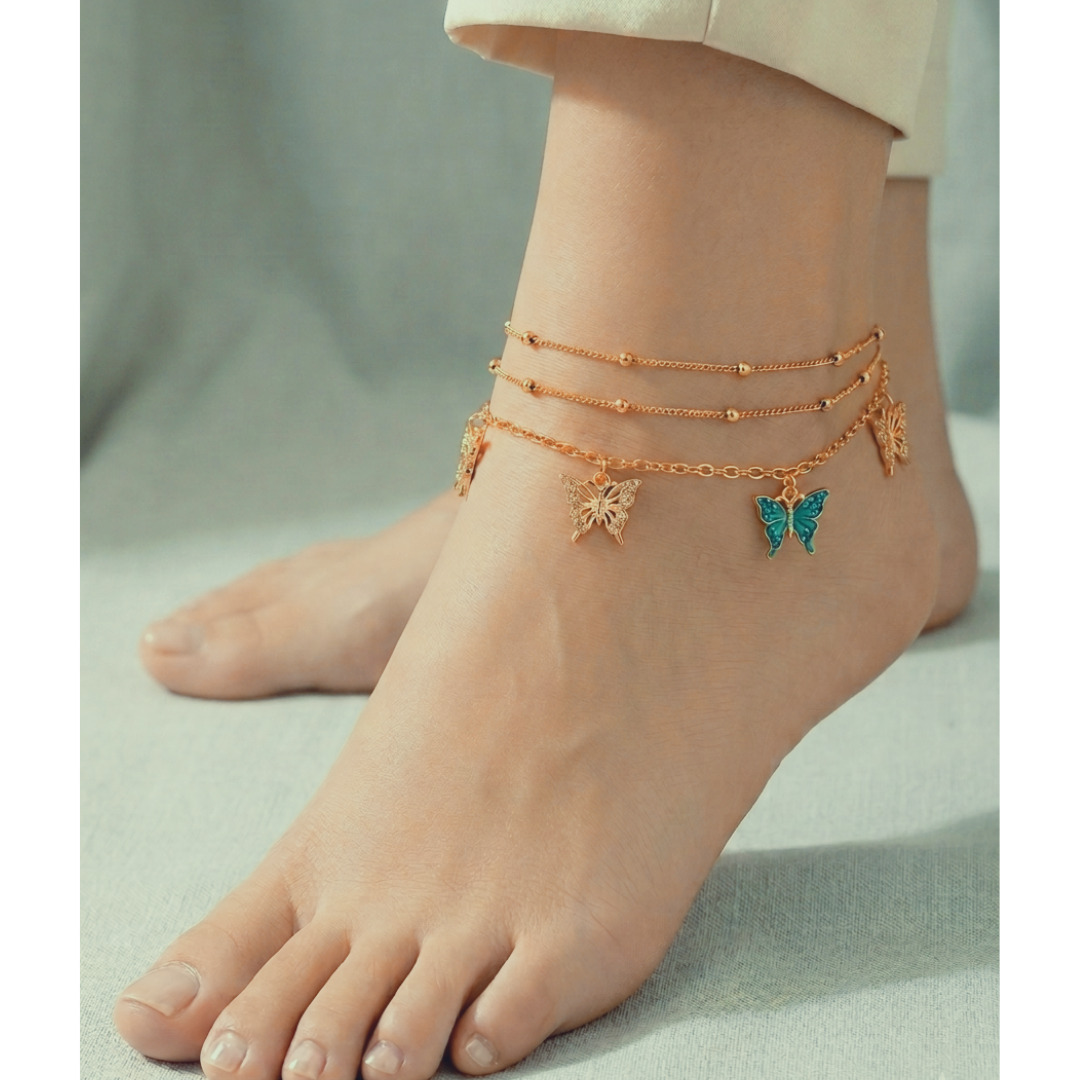 3-Layered Butterfly Anklet for Women – Elegant Gold-Tone Foot Jewelry with Trendy Chain Design