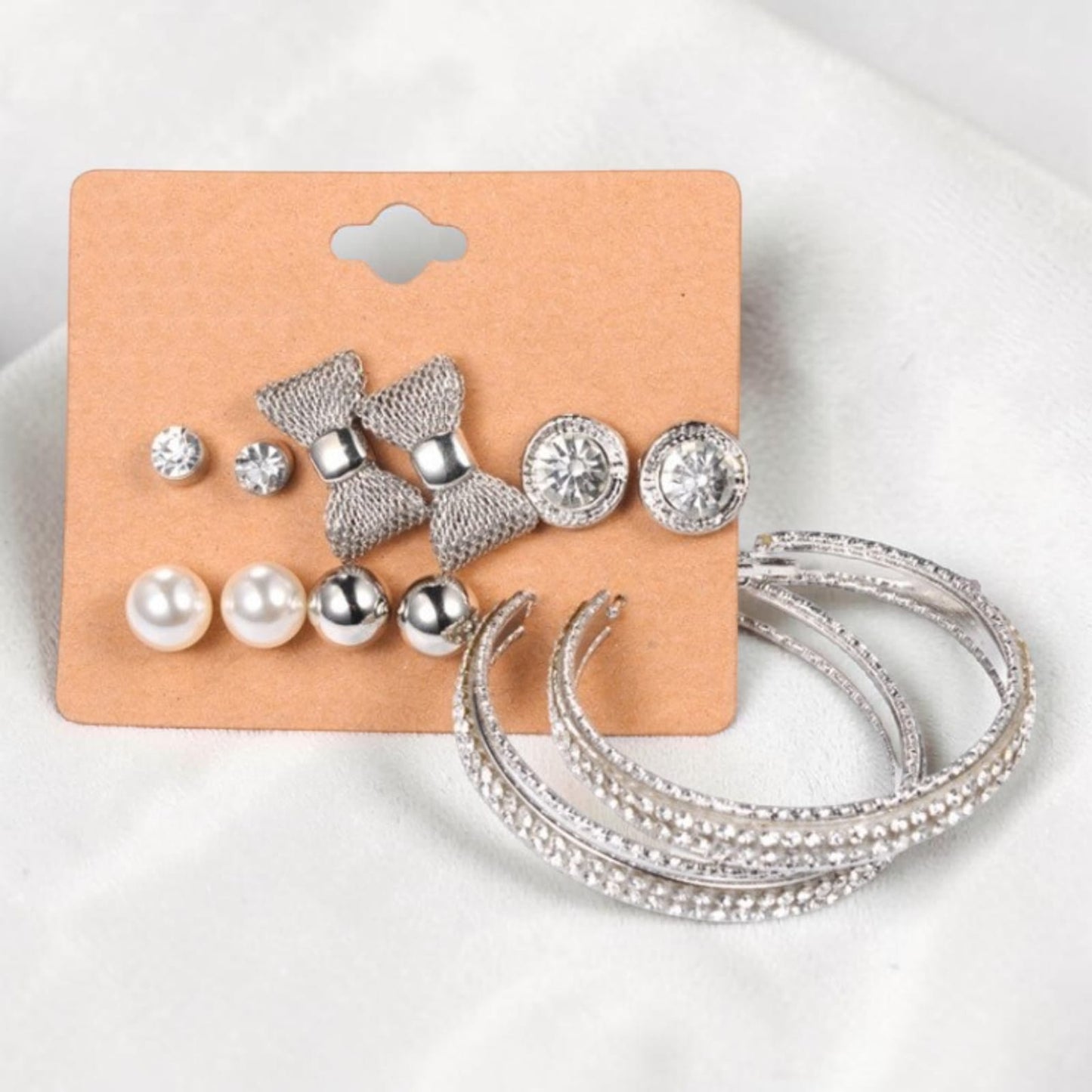 6-Pair Earrings Set (silver) for Women – Elegant Multi-Design Fashion Stud & Hoop Earrings Collection for Daily Wear & Gift