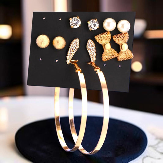 6-Pair Earrings Set (golden) for Women – Elegant Multi-Design Fashion Stud & Hoop Earrings Collection for Daily Wear & Gift