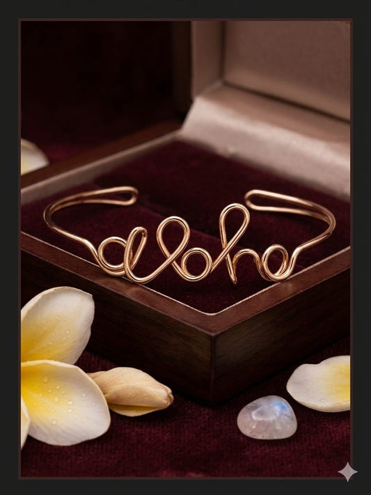 Golden Aloha Engraved Bracelet – Stylish Gold-Tone Personalized Word Jewelry for Women