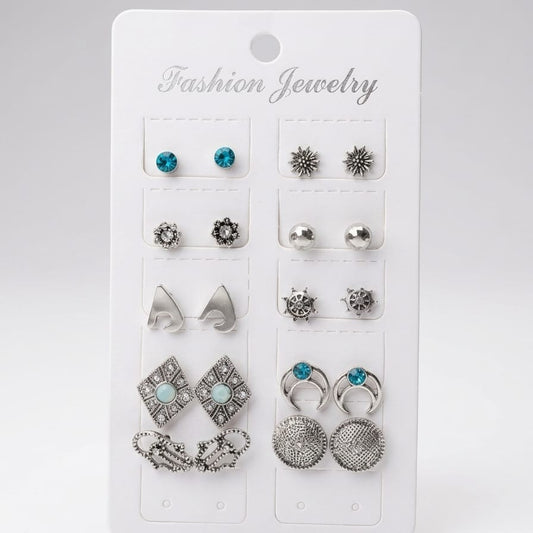 Elegant 10-Pair Silver & Turquoise Alloy Earrings Set for Women – Minimal Stud & Fashion Jewelry Collection for Daily Wear & Gift