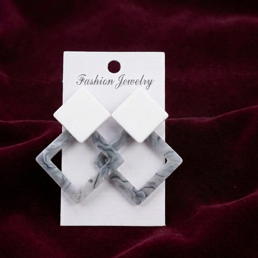 White & Grey Marble Pattern Geometric Square Dangle Earrings – Stylish Alloy Hook Drop Jewelry for Women/Girls