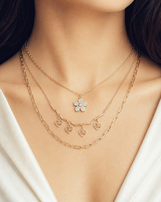 3-Piece Gold Love Hearts Rhinstone Flower & Chain Necklace Set – Elegant Layered Statement Jewelry for Women