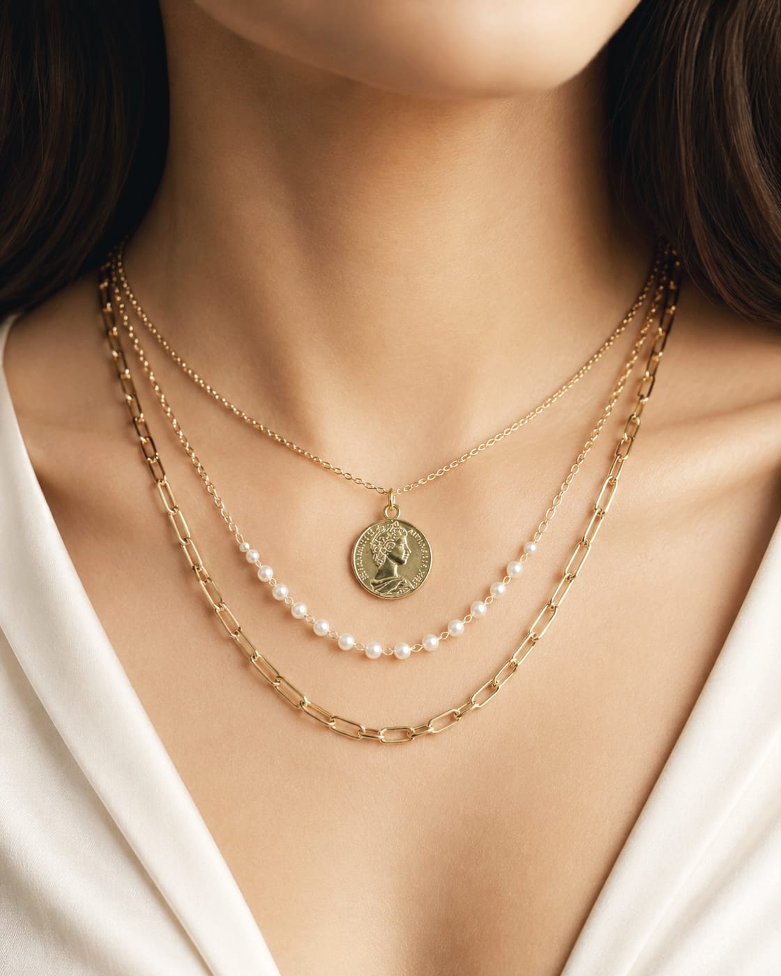 3-Piece Gold Coin Beaded & Chain Necklace Set – Elegant Layered Statement Jewelry for Women