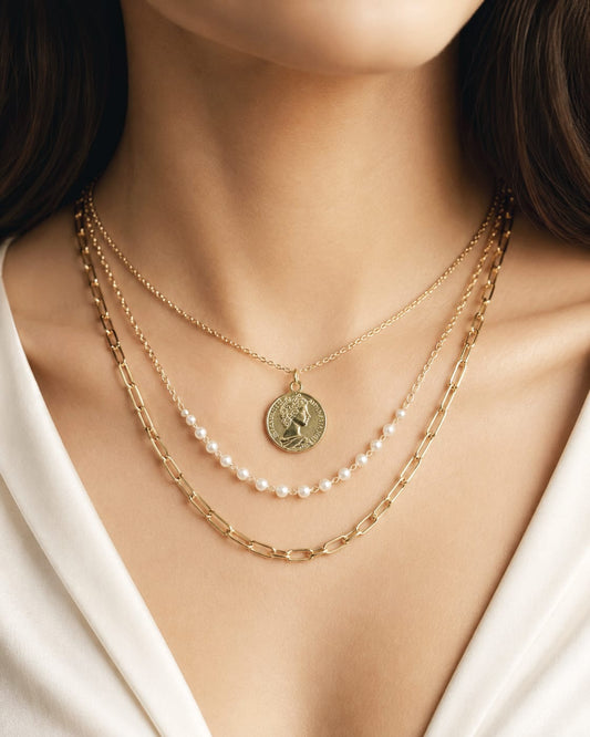 3-Piece Gold Coin Beaded & Chain Necklace Set – Elegant Layered Statement Jewelry for Women